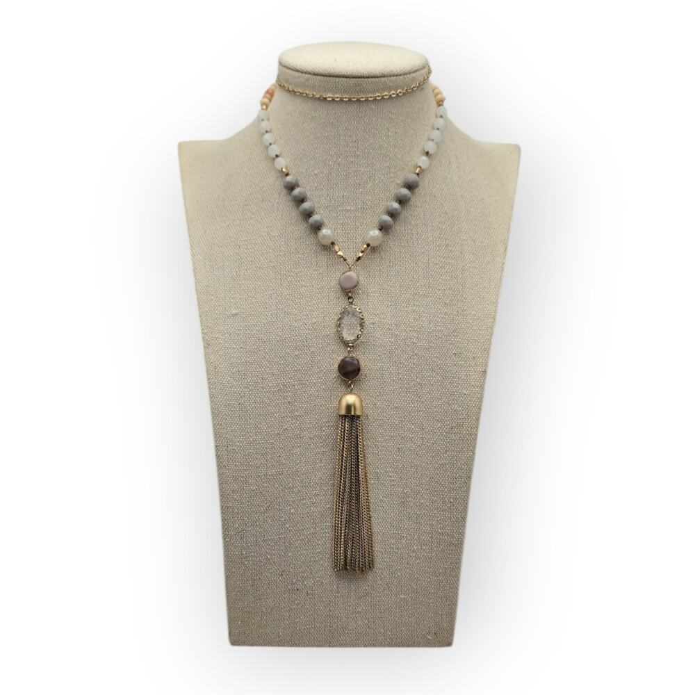 Loft Beaded Tassel Necklace Gold Gray Beads Statement Jewelry - Picture 7 of 8